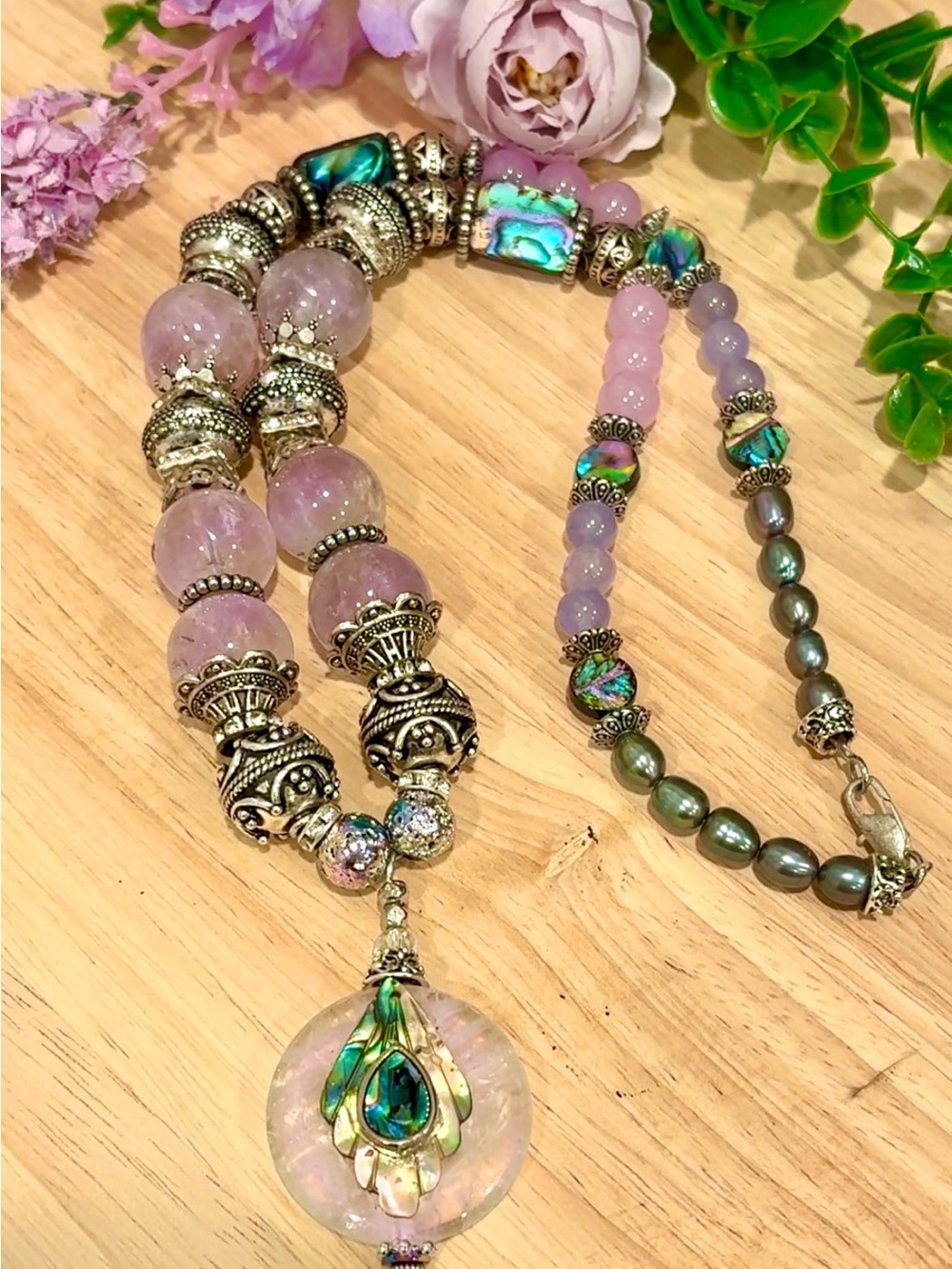 Handmade Amethyst, Abalone & Rose Quartz necklace